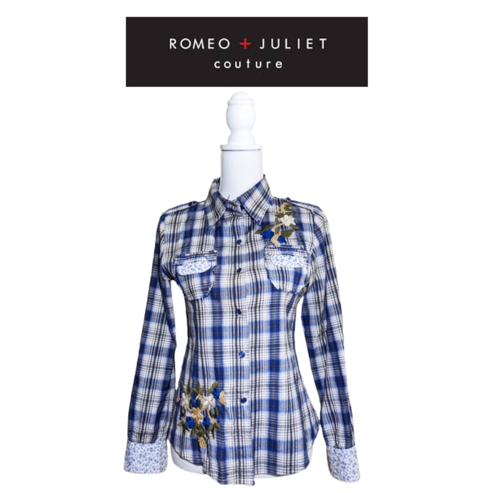 ROMEO + JULIET COUTURE "Fandango" Plaid Embroidered Shirt